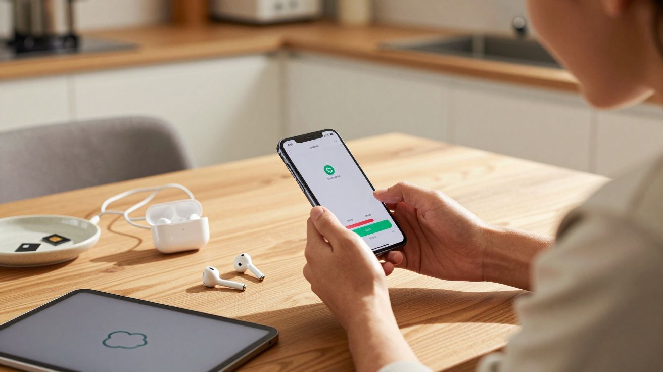 Pessoa a usar smartphone com app WhatsApp aberta numa mesa com auscultadores wireless e tablet.