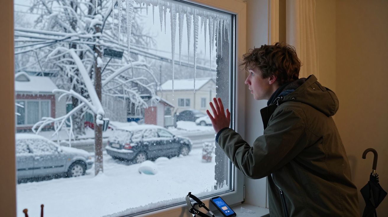 Jovem com casaco verde observa a neve e goteiras congeladas numa janela, enquanto dentro está seco e iluminado.