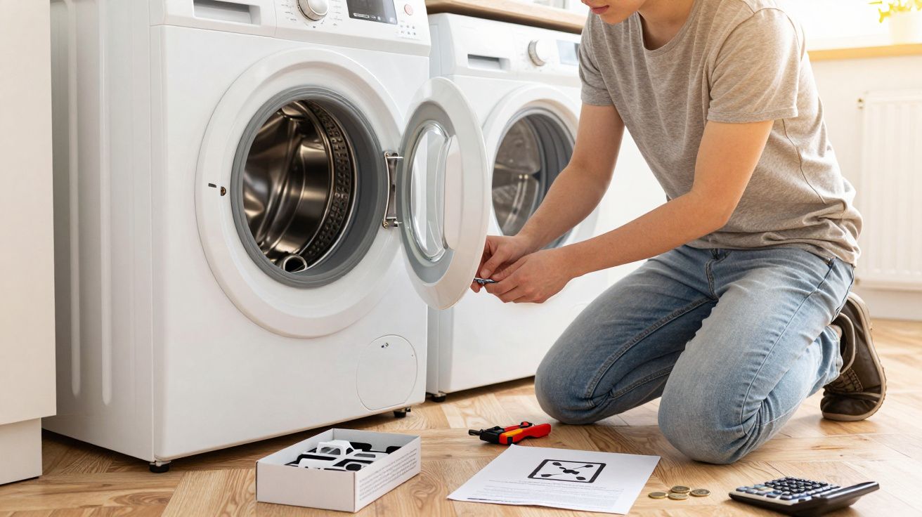 Pessoa a reparar uma máquina de lavar roupa branca numa casa, com ferramentas e manual no chão.