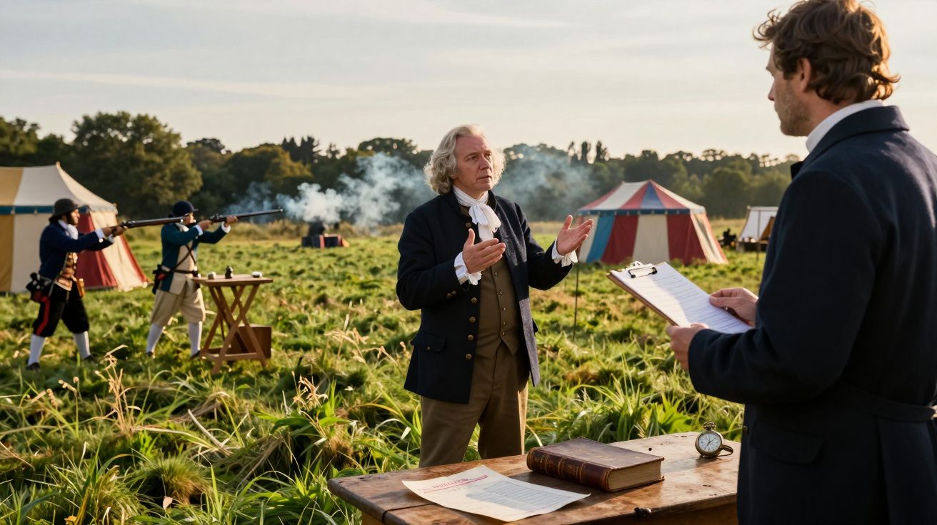 Cena histórica ao ar livre com homem de época a discursar e outro a ler documentos, com soldados disparando ao fundo.