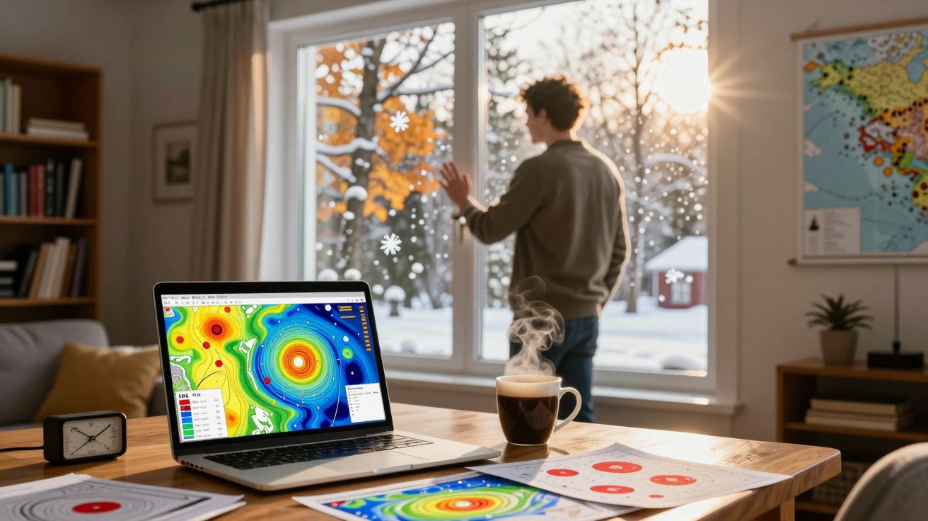Computador com mapa meteorológico numa mesa com café quente, homem observa paisagem de inverno pela janela.