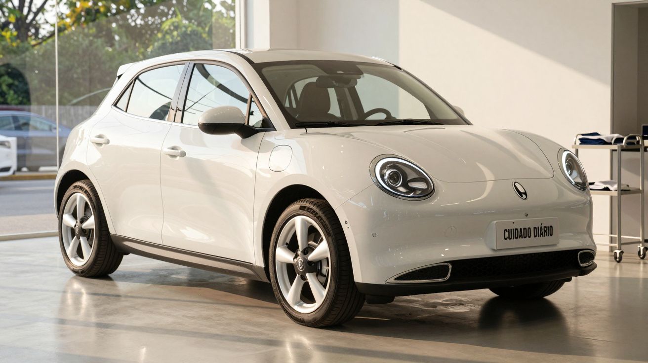 Carro elétrico branco compacto estacionado em showroom com luz natural a entrar pelas janelas grandes.