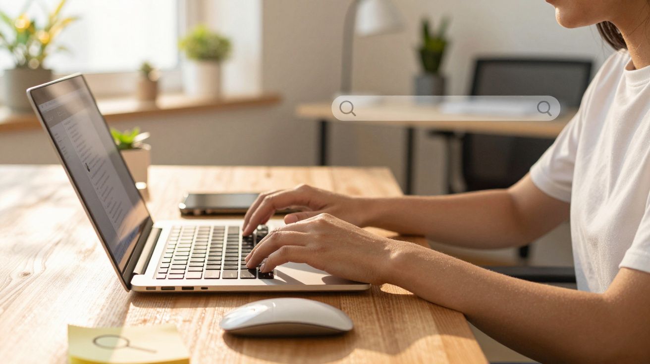 Pessoa a usar computador portátil e rato numa secretária de madeira com plantas ao fundo.