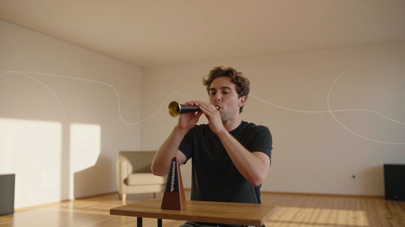 Homem sentado a tocar instrumento de sopro numa sala com luz natural e chão de madeira.