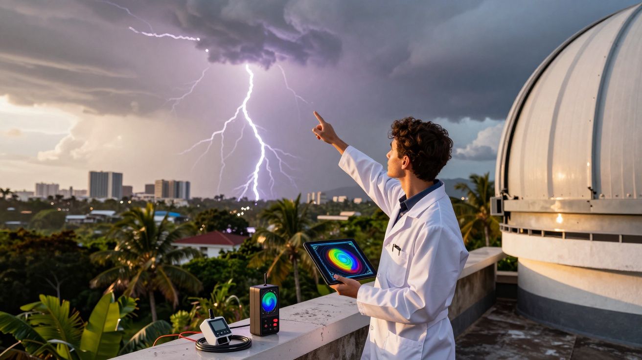 Cientista aponta para relâmpago durante tempestade, segurando tablet com gráficos, numa cobertura com observatório.