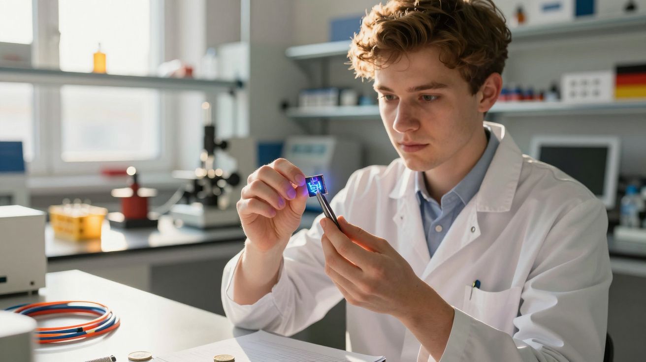 Jovem cientista em laboratório a examinar um microchip azul usando pinças e bata branca.