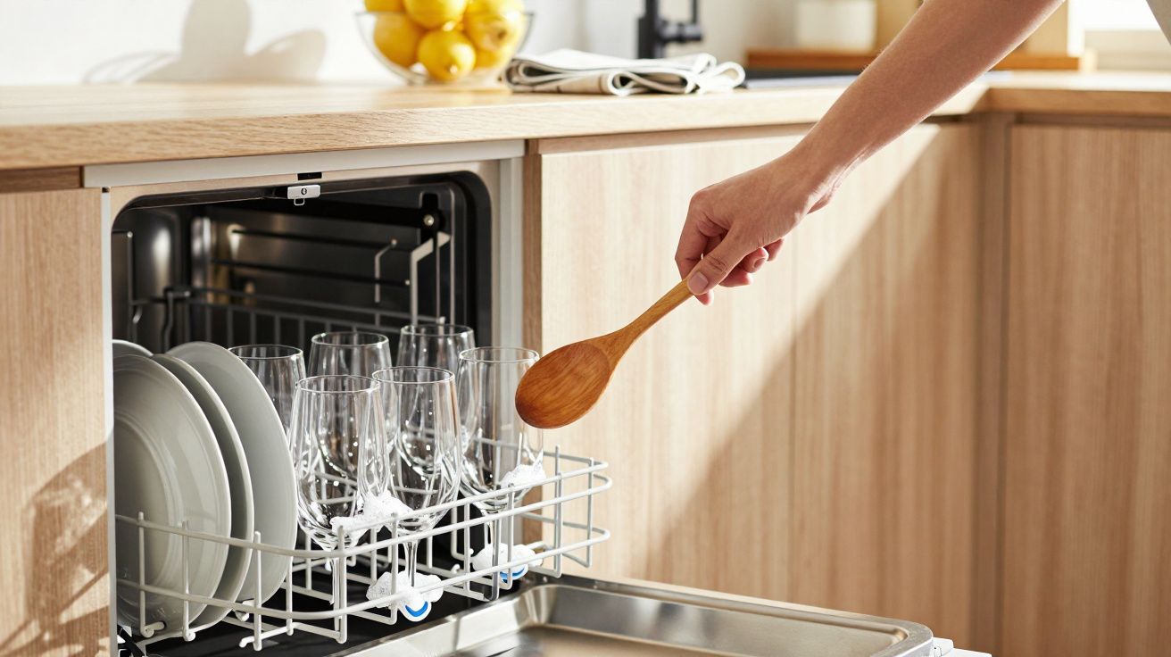 Mão a colocar colher de pau numa máquina de lavar loiça com pratos e copos transparentes.