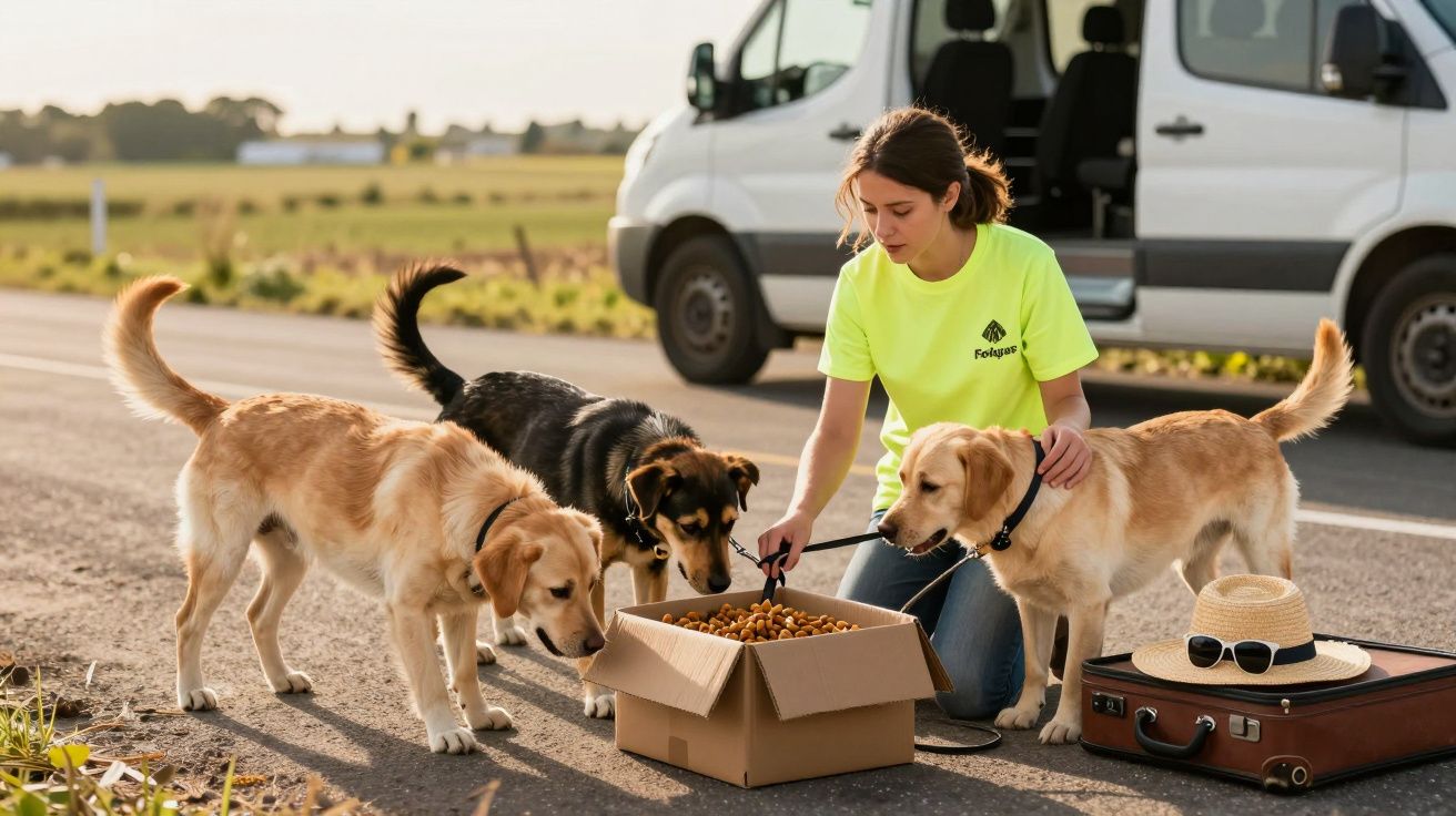 Jovem alimenta três cães junto a caixa de ração, mala, chapéu e carrinha branca estacionada na estrada.
