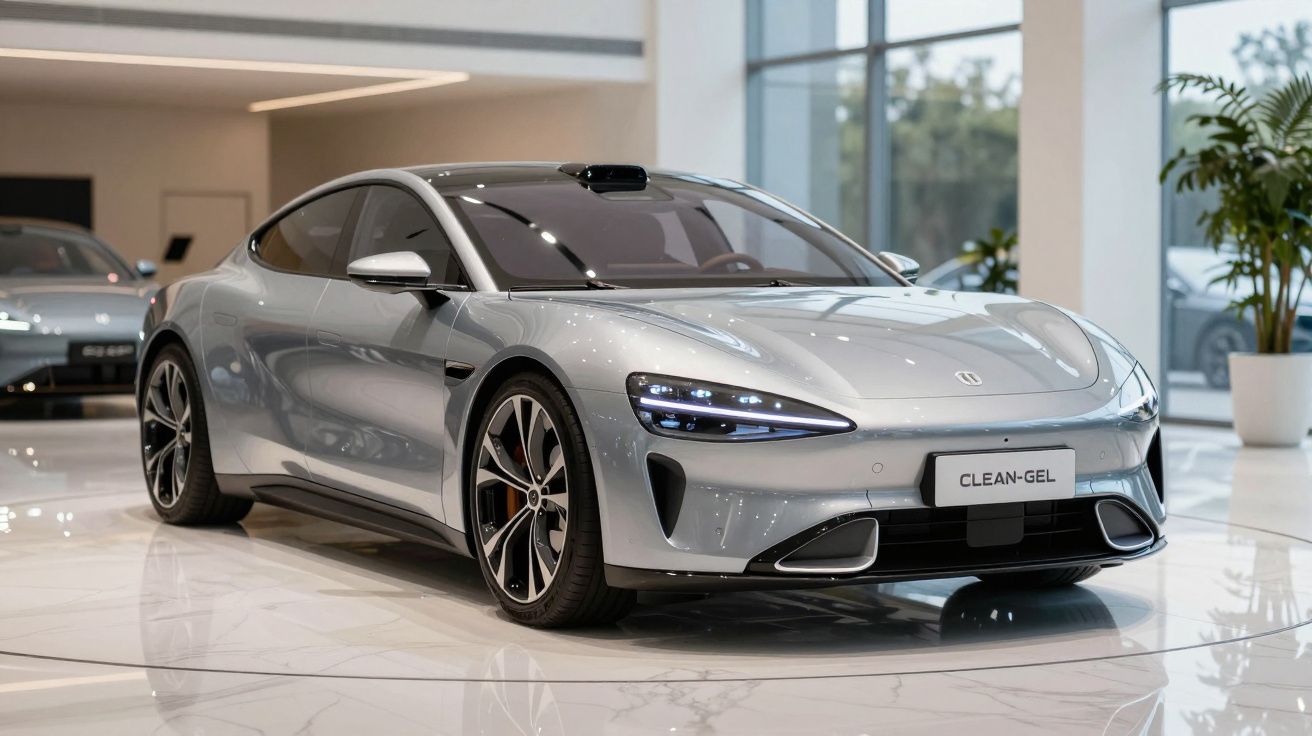 Carro elétrico cinza prateado elegante numa exposição com luz natural e ambiente moderno.