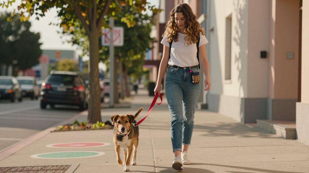 Mulher jovem a passear um cão de trela numa calçada urbana em dia ensolarado.