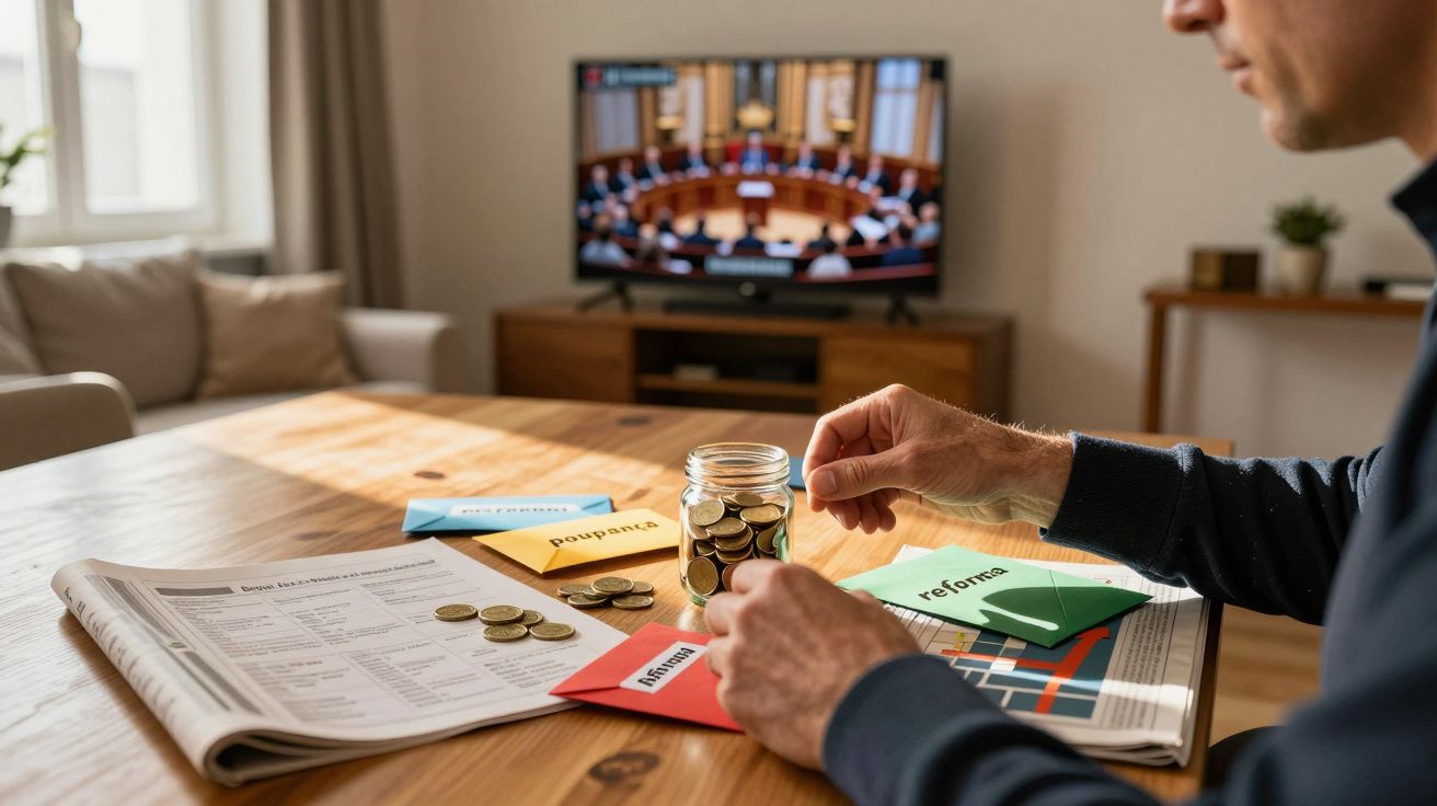 Pessoa a guardar moedas numa jarra, com envelope etiquetados com poupança, reformas e despesas sobre a mesa.