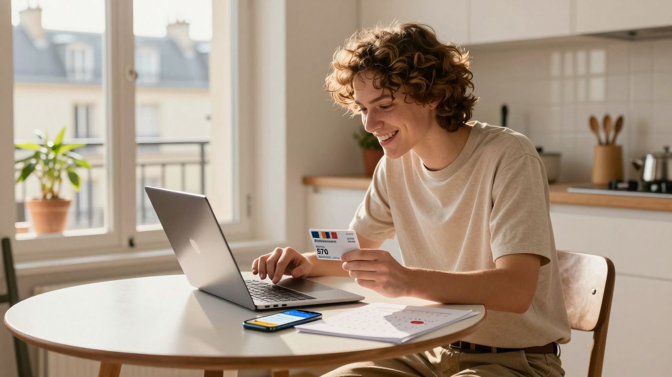 Pessoa jovem a fazer compras online com cartão de crédito num portátil numa mesa redonda.