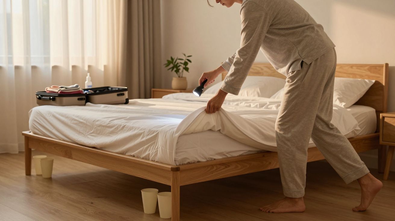 Pessoa de pijama a procurar algo debaixo dos lençóis de uma cama com lanterna numa quarto iluminado.