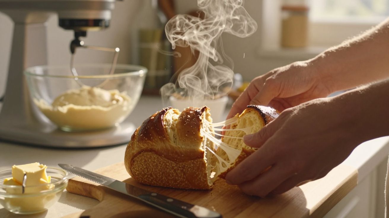 Pão quente a ser partido ao meio com queijo derretido a esticar, numa tábua de madeira numa cozinha iluminada.