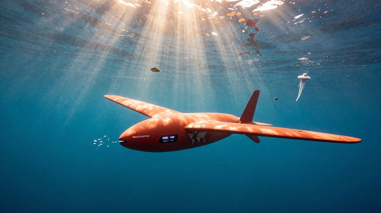 Veículo subaquático vermelho em forma de avião a navegar sob a luz solar na água azul profunda.