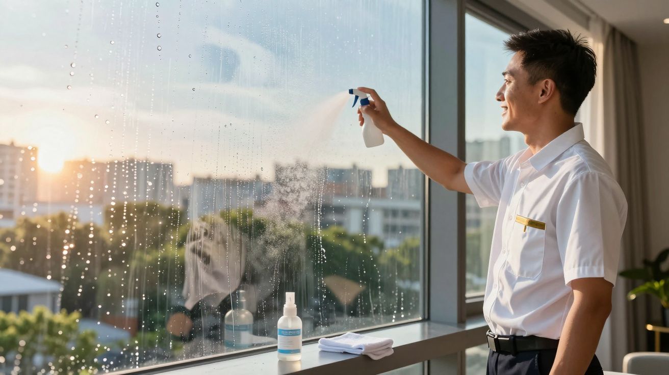 Homem a limpar uma janela grande com spray e pano num ambiente interior com vista para a cidade ao pôr do sol.