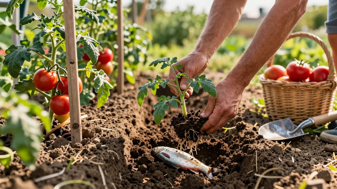 Mãos a plantar muda de tomateira em solo fértil com cesta de tomates maduros ao fundo.
