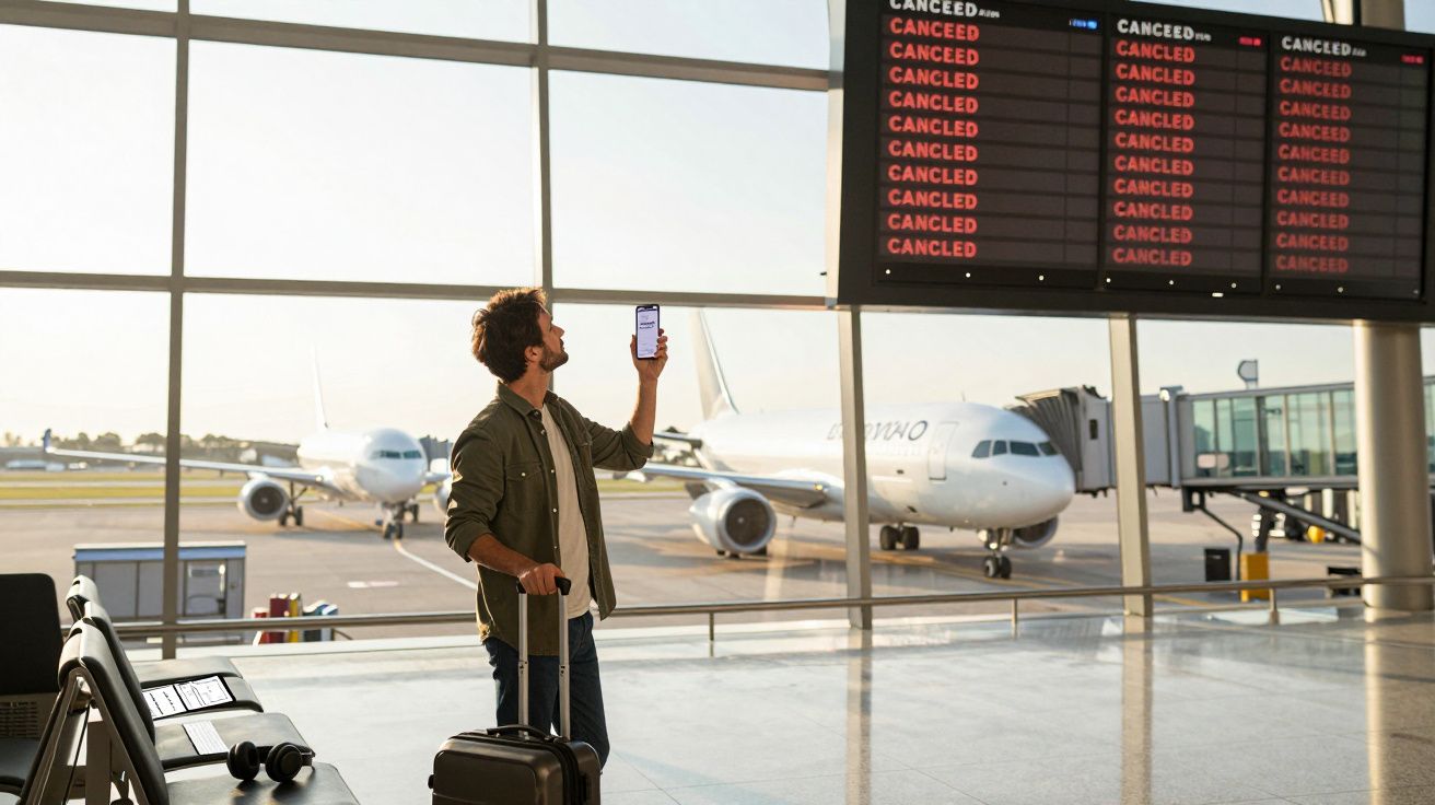 Homem com mala de viagem a consultar telemóvel num aeroporto com voos cancelados no ecrã.