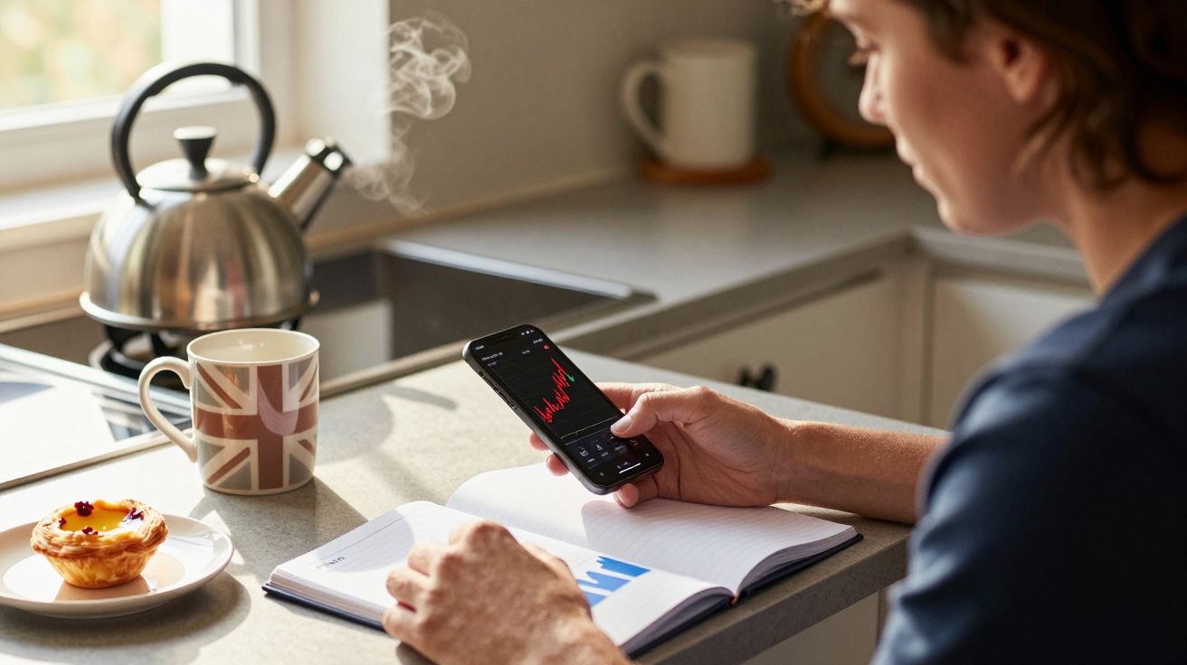 Homem sentado numa cozinha a consultar gráficos no telemóvel enquanto toma café e escreve num caderno.