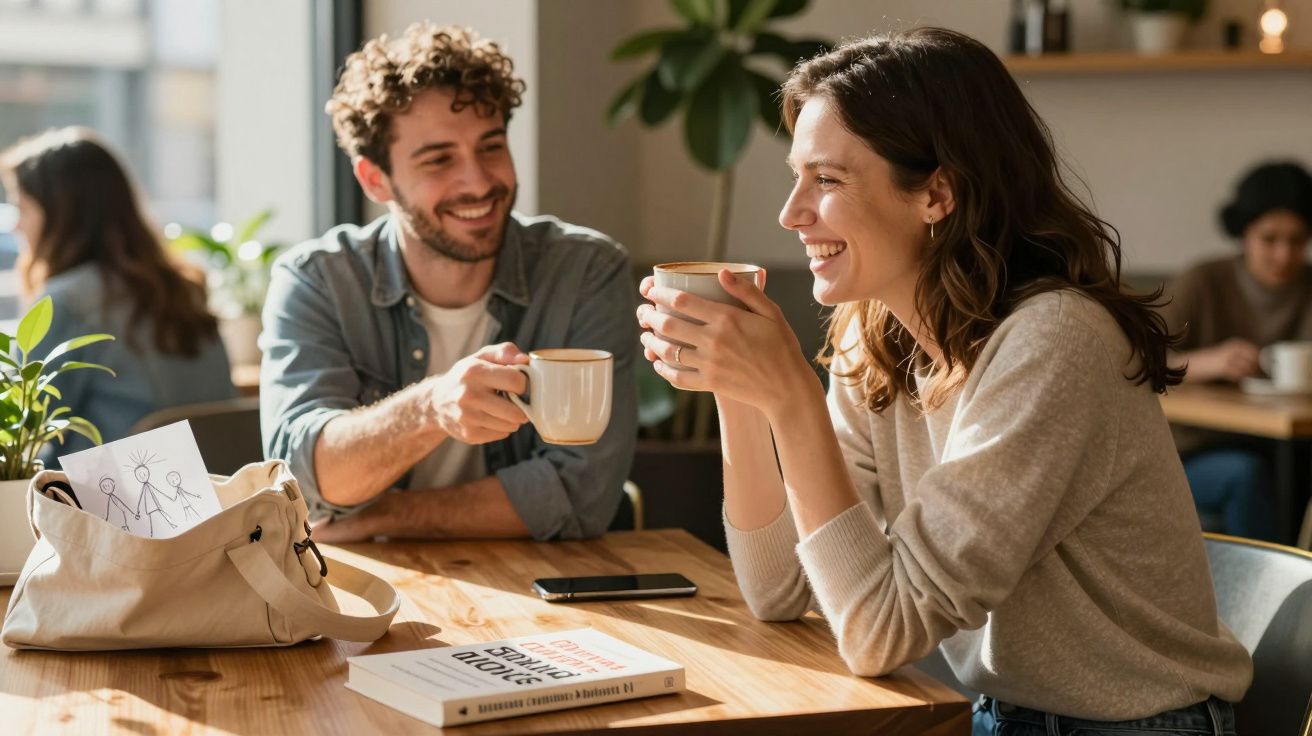 Casal sorridente a tomar café num café, com livro e desenho numa mala sobre a mesa de madeira.