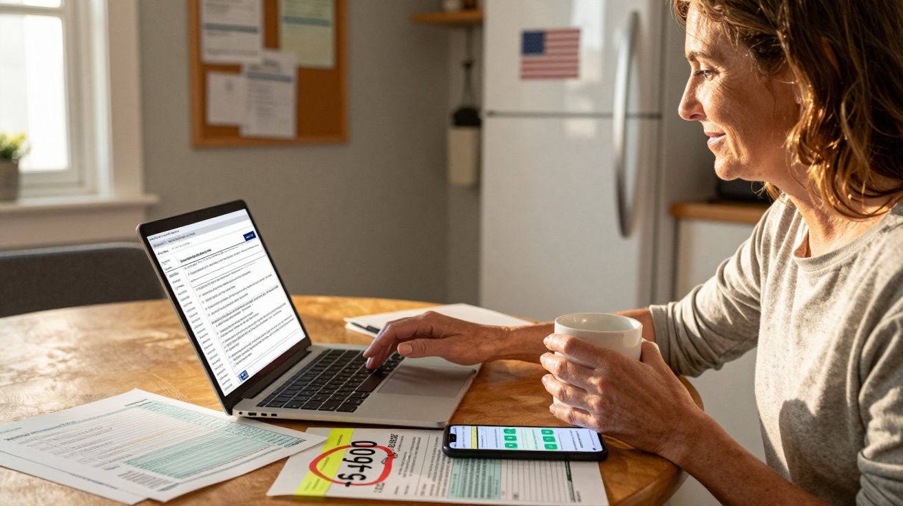 Mulher sentada à mesa com portátil, telemóvel e documentos, segurando uma chávena e a trabalhar.