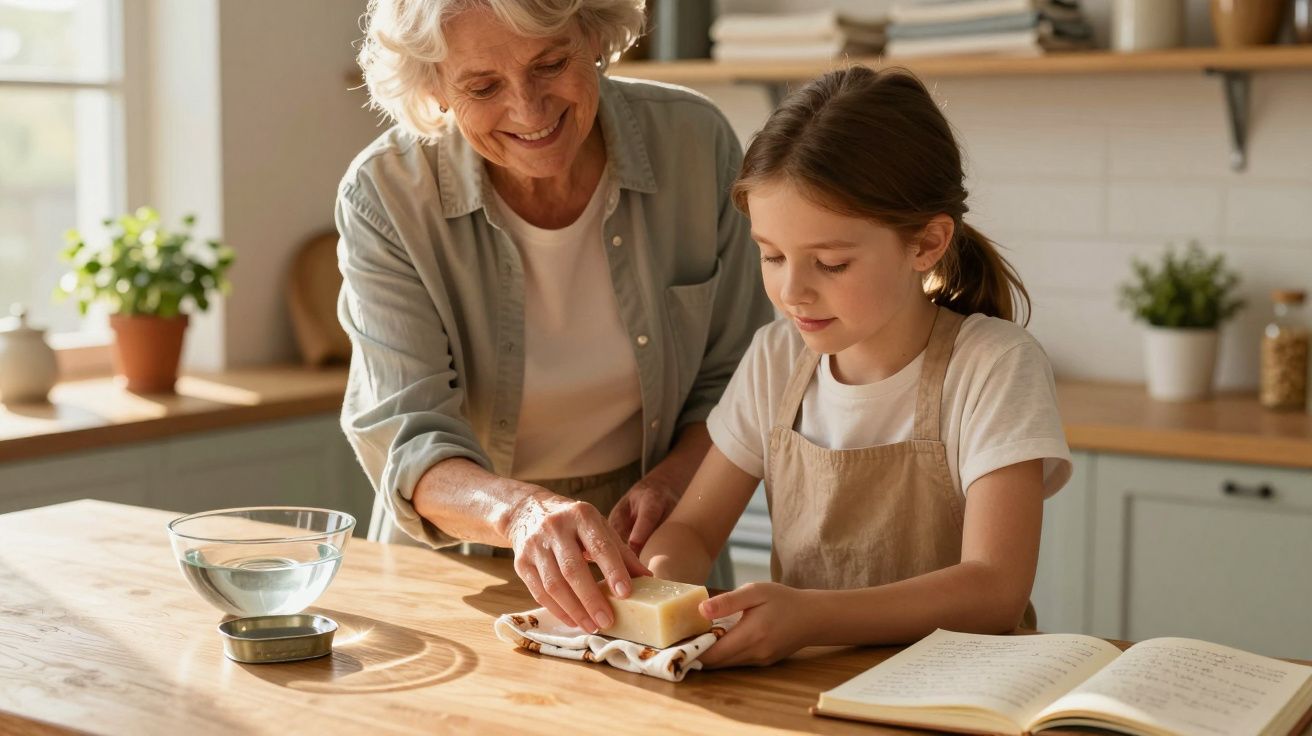 Avó e neta a fazerem sabonetes caseiros numa cozinha iluminada e acolhedora.