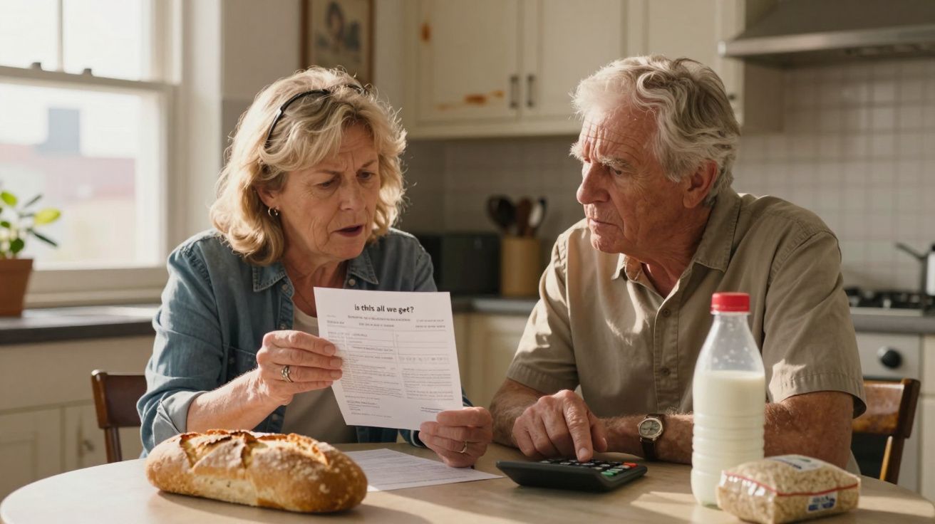 Casal idoso sentado à mesa da cozinha a analisar contas e calcular despesas com calculadora.