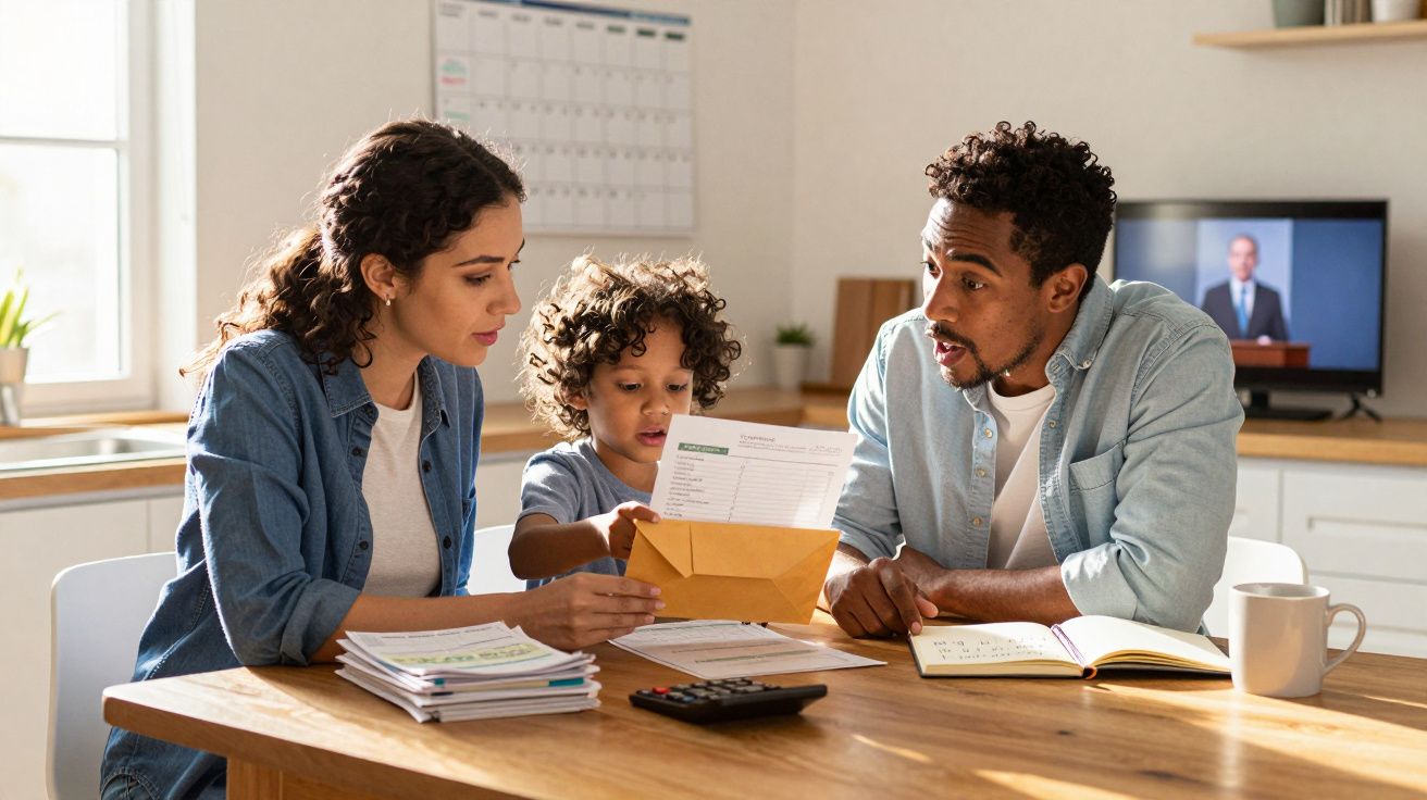 Família a analisar documentos e finanças numa cozinha iluminada, com criança a ajudar.