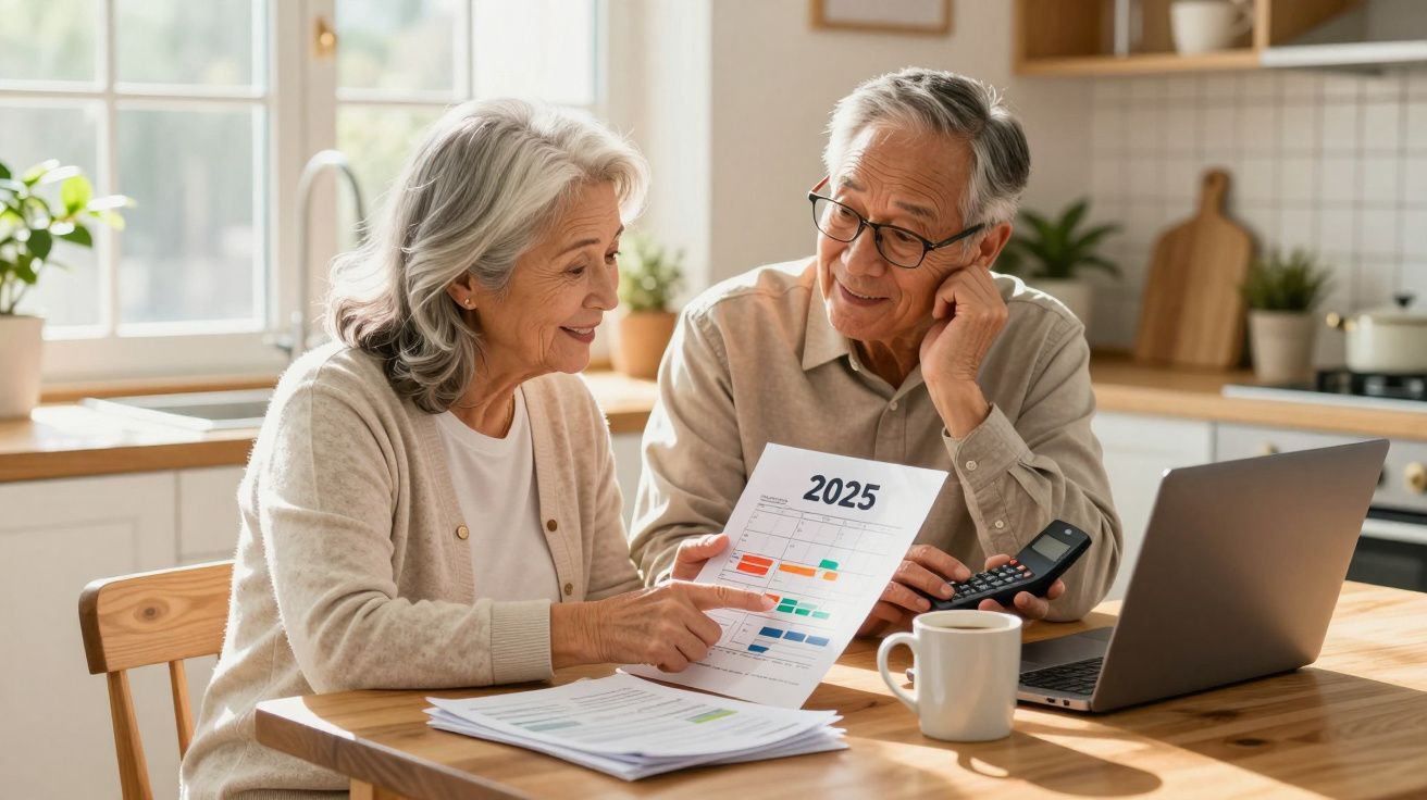 Casal sénior sentado à mesa da cozinha a planear finanças para 2025 com documentos e computador portátil.