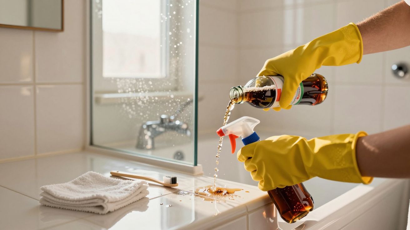 Pessoa com luvas amarelas a verter líquido de uma garrafa para um pulverizador para limpar manchas numa superfície branca.