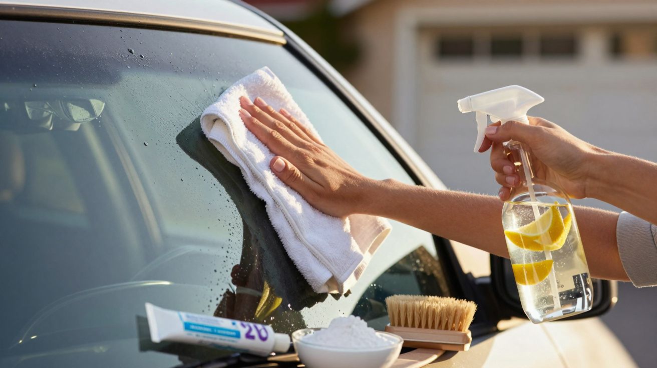 Mãos a limpar um para-brisas de carro com pano branco, spray de limpeza e produtos de limpeza naturais.