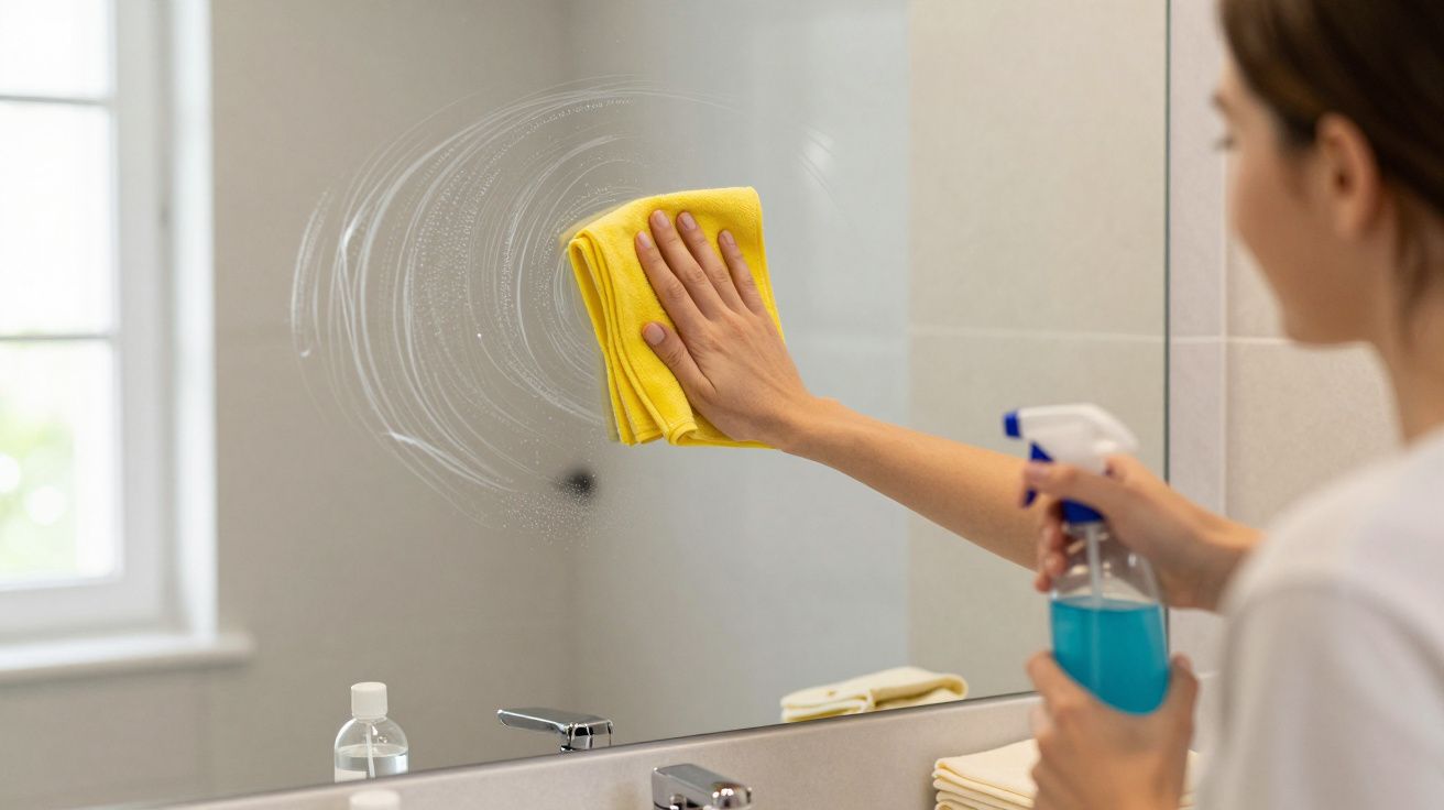 Pessoa a limpar um espelho de casa de banho com pano amarelo e spray de limpeza azul.