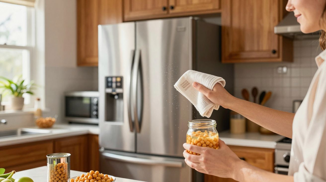 Pessoa a polvilhar tempero num frasco de grão-de-bico na cozinha moderna com armários de madeira.