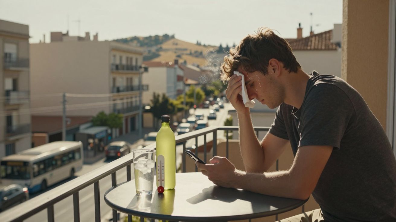 Homem sentado na varanda, suando e enxugando a testa com uma toalha, olhando para o telemóvel.