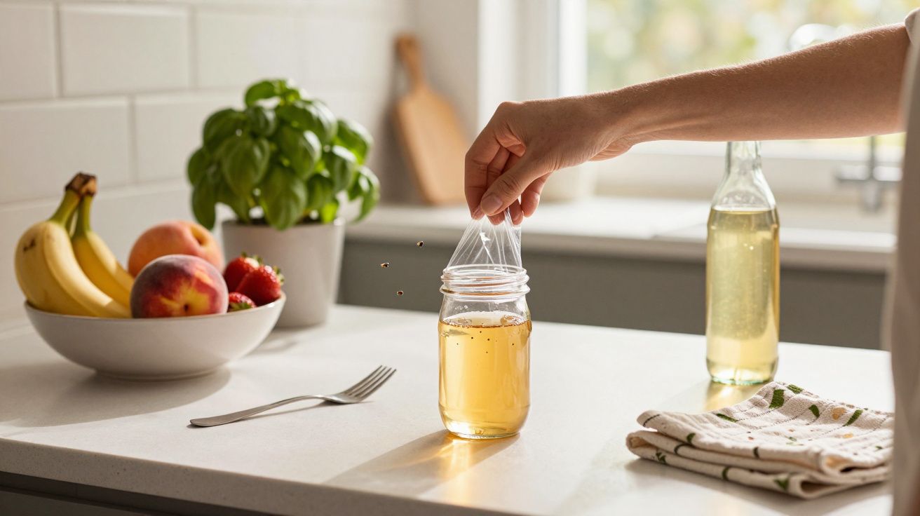 Mão a remover saco plástico de jarro com líquido dourado numa cozinha com fruta e planta ao fundo.