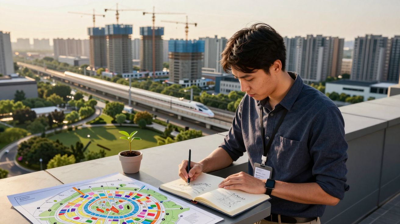 Jovem a trabalhar ao ar livre com planta, caderno e mapa colorido, com comboio e prédios ao fundo.