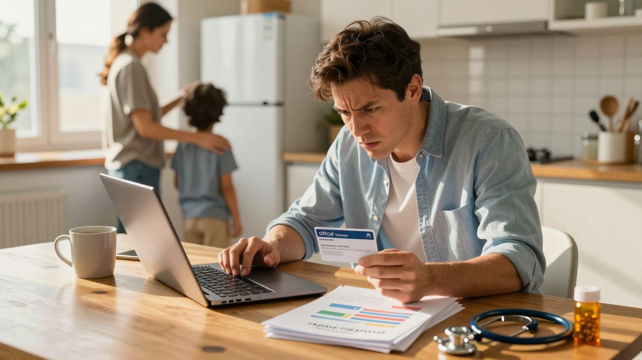 Homem preocupado analisa documento financeiro junto a portátil, com criança e mulher ao fundo numa cozinha.