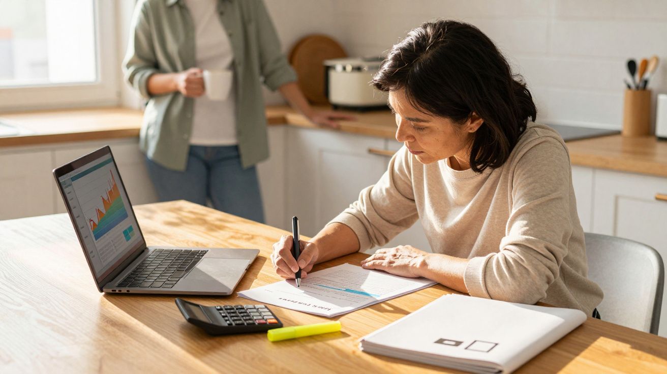 Mulher a trabalhar em documentos com laptop, calculadora e caneta numa mesa de cozinha iluminada.