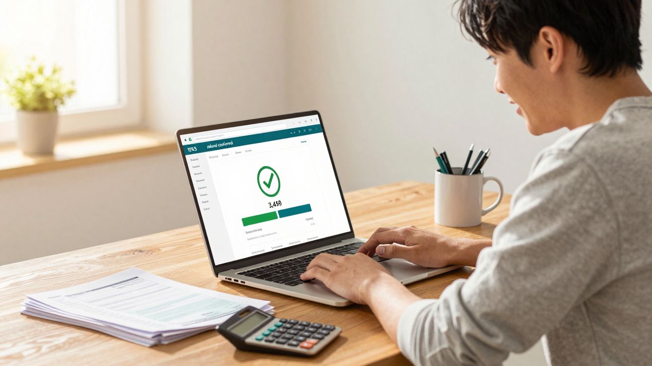 Pessoa a usar computador portátil numa mesa de madeira com calculadora e documentos, em ambiente iluminado.