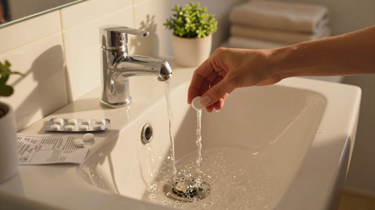 Mão dissolvendo comprimido efervescente numa pia com água corrente e plantas decorativas ao fundo.