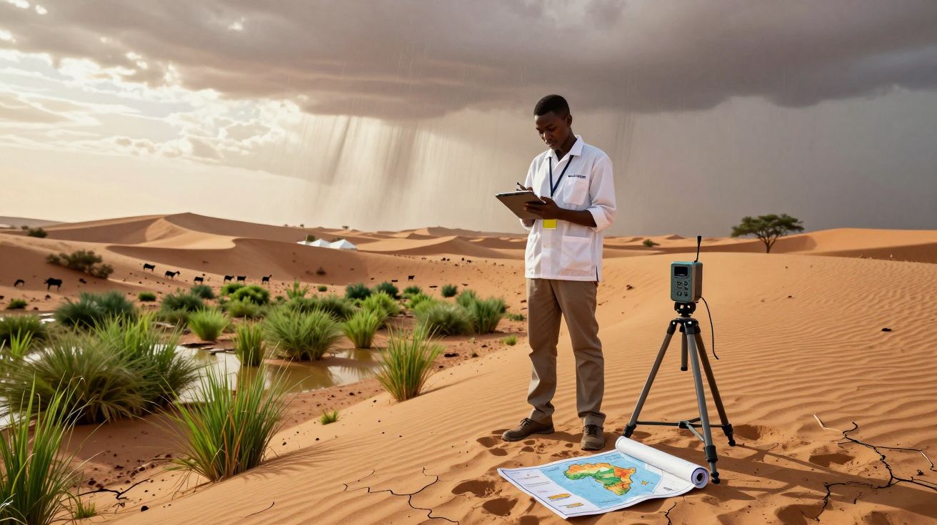 Cientista a registar dados num deserto com vegetação, equipamento meteorológico e mapa da África no chão.