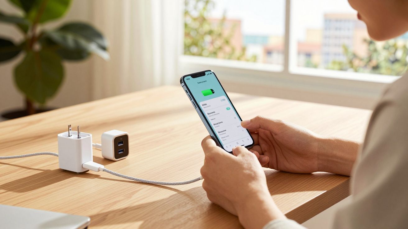 Pessoa segurando smartphone carregando ligado a cabo USB numa mesa de madeira junto a adaptador duplo.