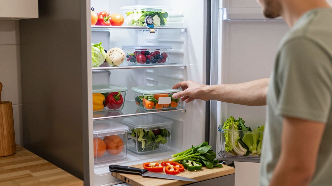 Homem a guardar legumes frescos em recipientes no frigorífico organizado, com legumes cortados na bancada.