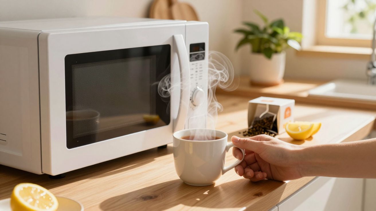 Mão a segurar chávena com bebida quente e vapor, ao lado de micro-ondas numa bancada de cozinha.