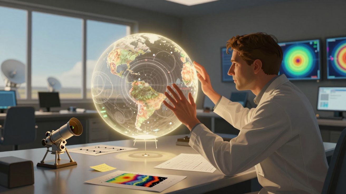Homem em laboratório interage com um globo terrestre holográfico iluminado na mesa de trabalho.