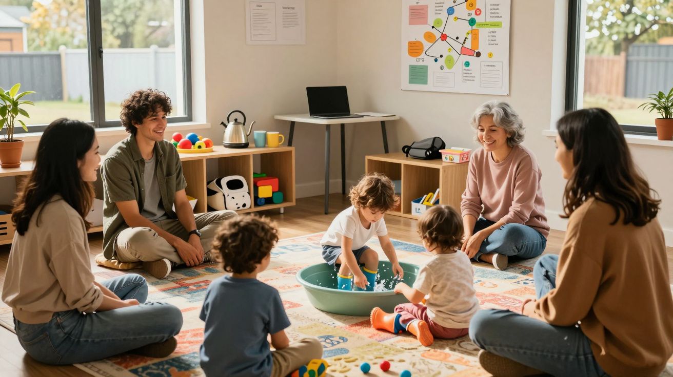 Crianças brincam numa sala, rodeadas por adultos sentados em círculo num ambiente acolhedor e educativo.