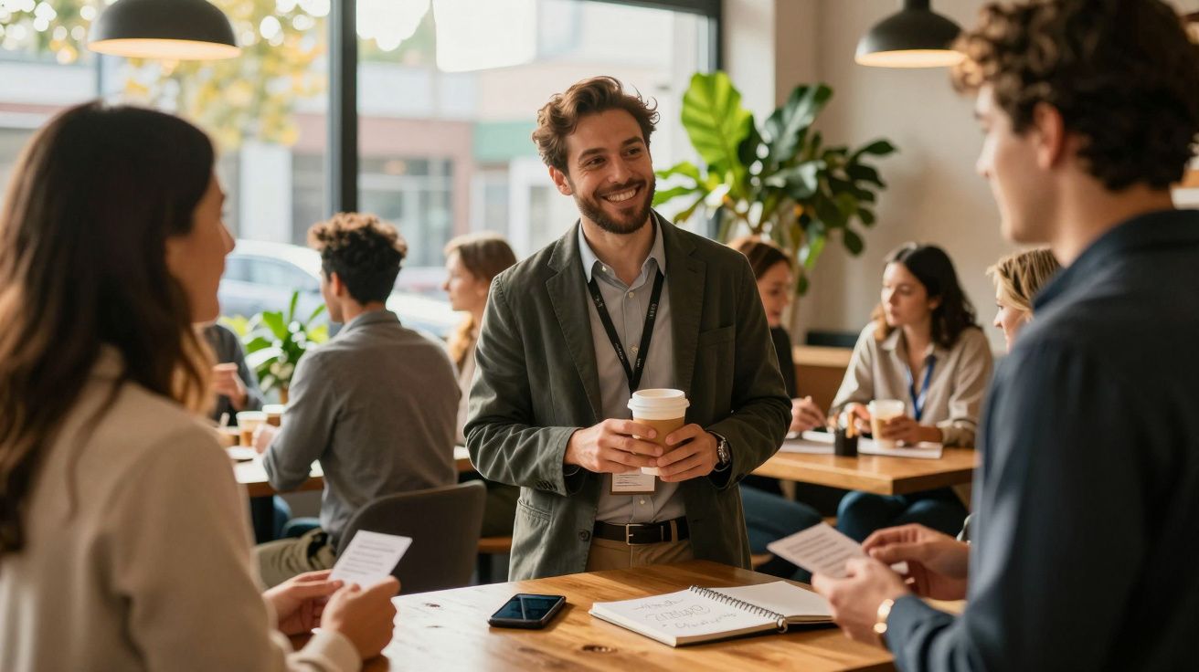 Homem sorridente com café e crachá conversa com colegas numa reunião informal num escritório moderno.