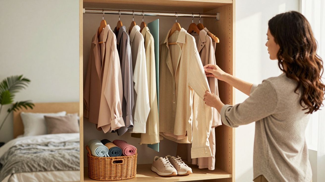 Mulher a escolher camisa num armário com roupas penduradas, cesta de toalhas e sapatos organizados.