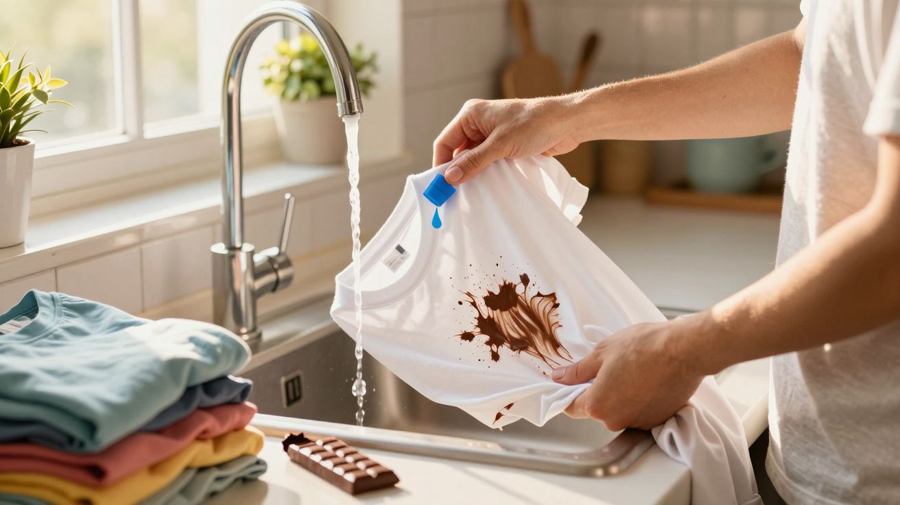 Pessoa a aplicar tira manchas azul numa t-shirt branca com nódoa de chocolate junto a uma torneira de cozinha.