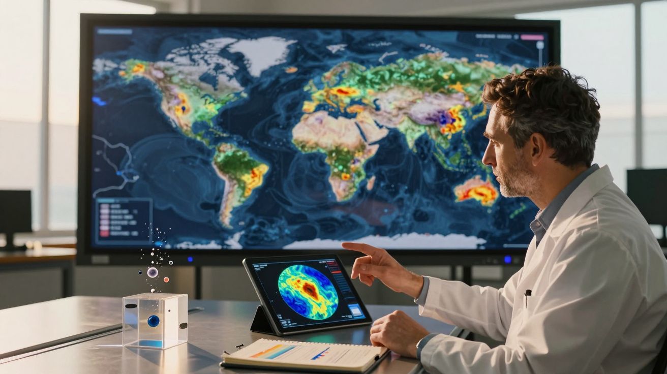 Cientista em bata branca analisa gráficos e mapas climáticos numa tablet e ecrã grande numa sala de laboratório.